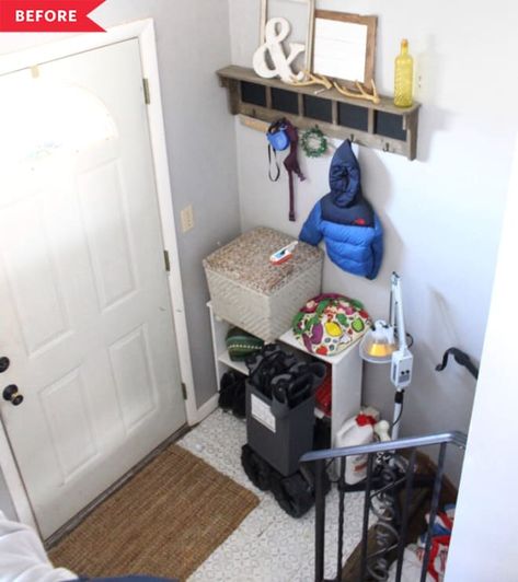 Before and After: A Mini $30 Entry Makeover with Big Results Entryway Apartment, Entry Makeover, Mudroom Entry, Home Office Design On A Budget, Scented Pinecones, Hidden Cabinet, Diy Accent Wall, Diy Budget, Small Bedrooms