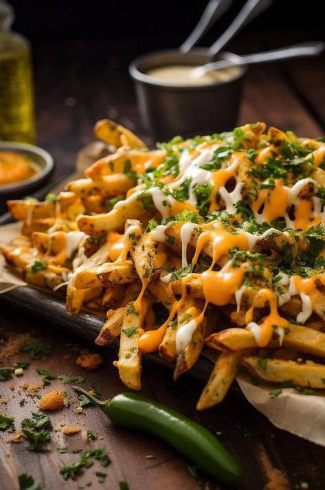 Spicy and cheesy fries that will satisfy your craving for flavor and heat. Jalapeno Fries, Dirty Fries, Cheesy Fries, Seasoned Fries, Pizza Snacks, Wedding Illustration, Fried Potatoes, Stuffed Jalapeno Peppers, Cooking Techniques