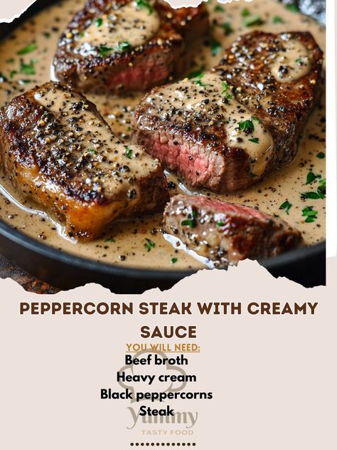 🥩🍽️ Peppercorn Steak with Creamy Sauce – Savor the bold flavors of peppercorn steak with a rich, creamy sauce. A restaurant-worthy dish at home! 🥩✨ #SteakDinner #CreamySauce Peppercorn Steak with Creamy Sauce Ingredients: Steak (2, 8 oz each) Black peppercorns (2 tbsp, crushed) Heavy cream (1/2 cup) Beef broth (1/2 cup) Dijon mustard (1 tbsp) Olive oil (2 tbsp) Salt (to taste) Instructions: Rub steaks with crushed peppercorns and salt. Heat olive oil in a skillet and cook steaks to desire... Steak With Black Pepper Sauce, Brandy Peppercorn Sauce For Steak, Peppercorn Sauce For Steak, Peppercorn Steak, Recipes Steak, Beef Steaks, Peppercorn Sauce, Steak Sauce, Steak Dinner