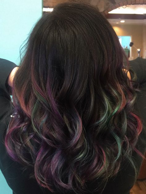 Oil Slick Hair! Subtle Oil Slick Hair, Oil Slick Hair Color Brunettes, Pigeon Hair, Oil Spill Hair, Oil Slick Hair Color, Indian Hair Cuts, Hair Color Placement, Oil Slick Hair, Blue Hair Highlights