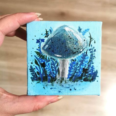 Mushroom acrylic painting | Blue painting Small Painting Ideas Mini Canvas Aesthetic, Tiny Art Ideas, Mini Acrylic Paintings Easy, Tiny Paintings Simple, Tiny Paintings Ideas, Mushroom Acrylic Painting, Tiny Canvas Art, Tiny Acrylic Painting, Tiny Canvas Painting