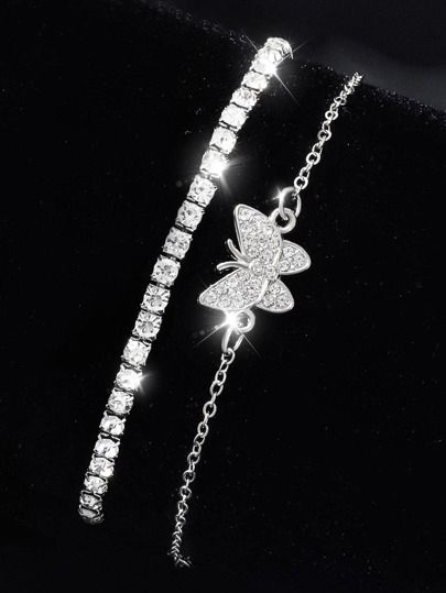 2pcs Rhinestone Butterfly Decor BraceletI discovered amazing products on SHEIN.com, come check them out! Silver Cute Jewelry, Cute Silver Jewelry Aesthetic, Shein Bracelet, Prom Bracelet, Stylish Jewelry Accessories, Hand Jewelry Rings, Silver Jewlery, Pretty Jewelry Necklaces, Necklace Set Indian