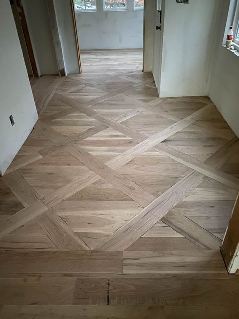 Wood Tile Mixed Floor, Chantilly Wood Floor, Wood Look Tiles Kitchen, 18x18 Tile Floor Patterns, French Wood Floors, Wood Floor Patterns Design, Entry Way Floors Ideas, Tile And Wood Floors Combo, Entrance Flooring Ideas