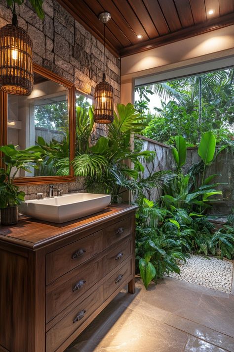 Tulum Interior Design Bathroom, Pebbles In Bathroom, West Indies Bathroom, Rainforest Bathroom Ideas, Semi Outdoor Bathroom, Earthy Bathroom Ideas Natural, Biophilic Bathroom, Tiki Bathroom, Earthy Bathroom Ideas