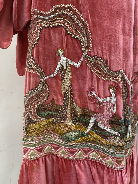 1920’s beadwork detail from pink velvet evening dress 1920s Velvet Dress, Painted Velvet, Cabaret Costume, Velvet Evening Dress, Velvet Clothes, Childrens Hats, Vintage Embroidery, Cabaret, Pink Velvet