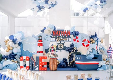 Nautical Birthday Party Ideas | Photo 1 of 7 Nautical Backdrop Ideas, Sailor Decoration Party, Sailor Themed Birthday Party, Nautical Themed Birthday Party, Marine Birthday Theme, Sailor Birthday Theme, Popeye Birthday Party Ideas, Sailor Birthday Party Boy, Ship Birthday Party Ideas