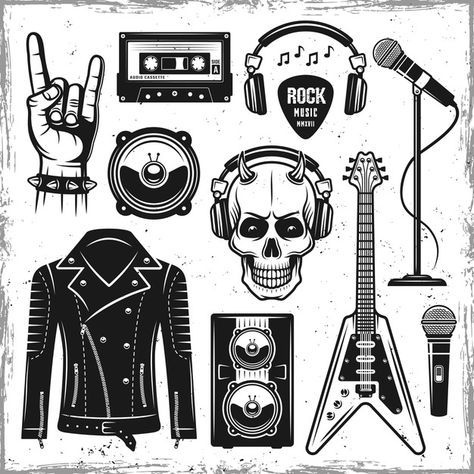 Rock And Roll Tattoo, Black Objects, R6 Wallpaper, Rock Baby Clothes, Music Notes Tattoo, Metal Drawing, Rock Tattoo, Virgo Tattoo, Music Tattoo Designs