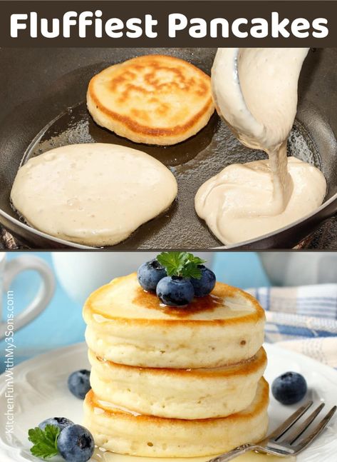 These Fluffy Pancakes are absolutely perfect if you are looking for a soft and thick pancake recipe. Just a hand-full of staple ingredients and 5-minute prep for a delicious breakfast! Thick Pancake Recipe, Yummy Pancake Recipe, Dairy Free Pancakes, Fluffy Pancake Recipe, Homemade Pancake Recipe, Creative Breakfast, Travel Foodie, Homemade Pancakes, Tasty Pancakes