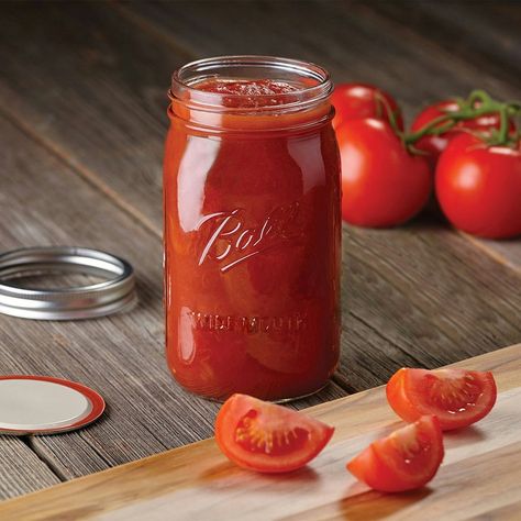 Crushed Tomatoes Canning Recipe | Ball® Mason Jars Canning Tomatoes Recipes, Ball Canning, Edible Gardening, Wide Mouth Mason Jars, Homemade Pickles, Tomato Sauce Recipe, Homemade Tomato Sauce, Canning Tomatoes, Ball Mason Jars