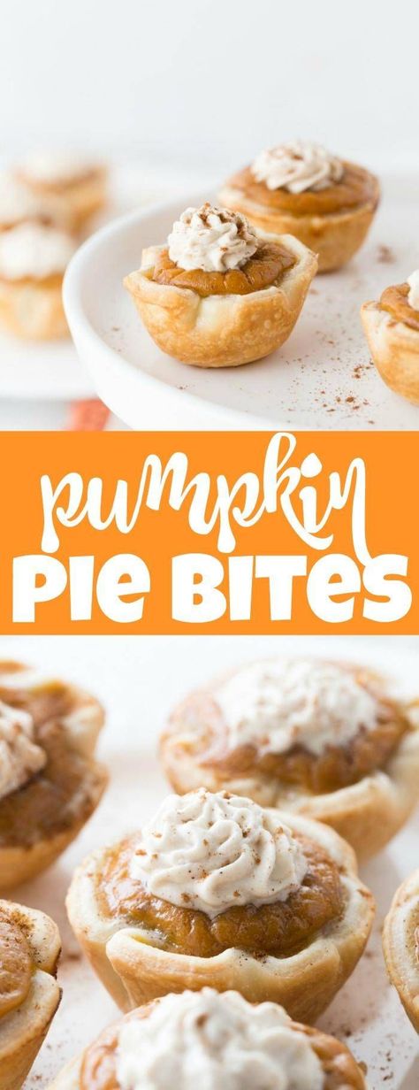 Mini Pumpkin Pie Bites! Easy Pumpkin Dessert Recipe for the Holidays with Homemade Whipped Cream. Perfect for Thanksgiving or Christmas! Bites Desserts, Mini Pumpkin Pies Recipe, Easy Pumpkin Recipes Desserts, Pumpkin Pie Bites, Mini Pumpkin Pie, Easy Pumpkin Dessert, Cake Pumpkin, Apple Pie Bites, Mini Pumpkin Pies