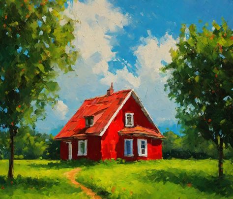 Gouache Painting Landscape, House Painting Art, Paintings Of Houses, Painting Of House, Painted Bricks, House Paintings, Watercolor House Painting, Whimsical Art Paintings, Small Canvas Paintings