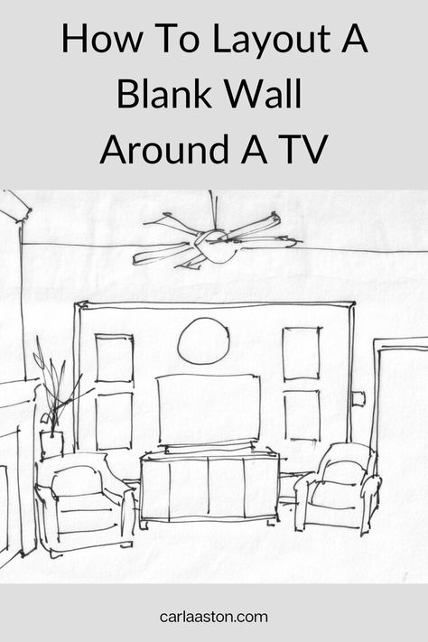 How to layout a blank wall around a TV How To Decorate Around A Tv On A Stand, Tv Indent In Wall, Tv Wall Adjacent To Fireplace, Wide Tv Wall Ideas, Tv Gallery Wall High Ceiling, Large Wall Behind Tv Decor, Wall Art Near Tv, Pictures On Either Side Of Tv, Art Behind Tv Wall