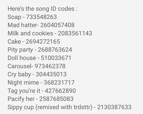 Roblox song ids! #roblox #robloxsongid #bloxburg #music Royal High Song Id Codes, Clip It Song Codes, Adopt Me Music Codes 2024, Royale High Music Id Codes, Roblox Song Id Codes Not Copyright 2023, Roblox Song Id Codes 2024, Roblox Audio Codes, Bloxburg Song Codes 2023, Roblox Music Codes 2024