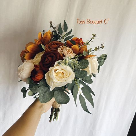 Faux Bridal Bouquet With Rust Orange Flowers and Eucalyptus - Etsy Canada Small Terracotta Bouquet, Copper Wedding Flowers, Fall Bridal Bouquet October, Faux Bridal Bouquet, October Wedding Colors, Fake Bouquet, Orange Bouquet, Dark Green Wedding, Orange Bouquets