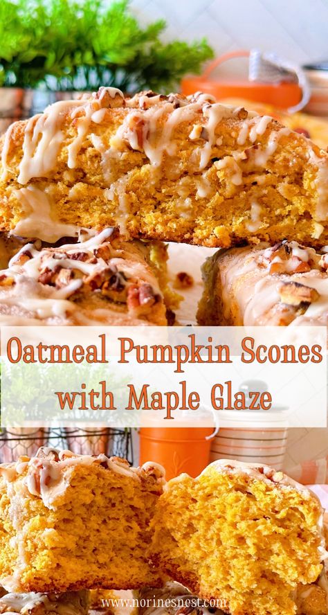 Top Photo: Scones piled high on a plate. Bottom Photo: Pumpkin Oatmeal Scone broken open so you can see the inside. Pumpkin Oatmeal Scones Recipe, Pumpkin Oatmeal Scones, Pumpkin Oat Scones, Ina Garten Maple Oatmeal Scones, Fall Scones Recipe, Oatmeal Scones, Oatmeal Pumpkin, Pumpkin Scones Recipe, Autumn Foods