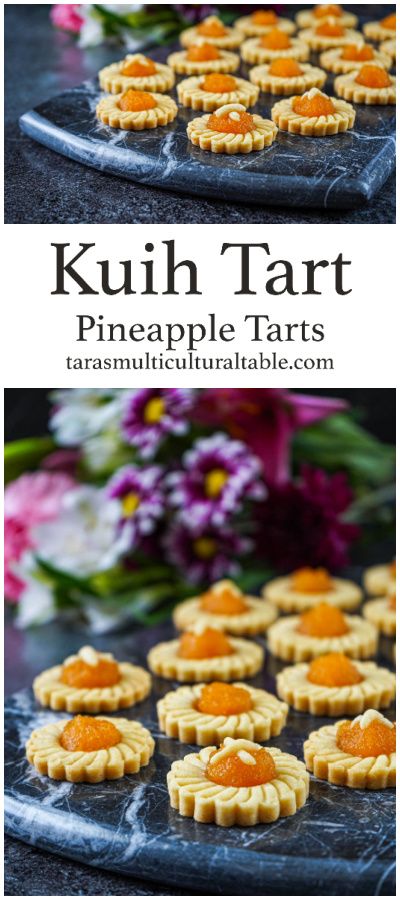 Kuih Tart (Pineapple Tarts) on a dark marble board with flowers in the background. Pineapple Tarts Recipe, Tart Pineapple, Healthy Chocolate Pudding, Singapore Style, Pineapple Tarts, Pineapple Jam, Pineapple Tart, Malaysian Cuisine, Dairy Free Cookies