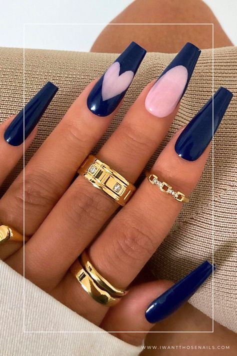 blue valentines day nails designs Navy Blue Formal Nails, Navy Blue And Red Nails, Dark Blue Nails Coffin, 18th Nails, Navy Nails Design, Navy Blue Nail Designs, Black And Blue Nails, Nail Parlour, Blue Coffin Nails