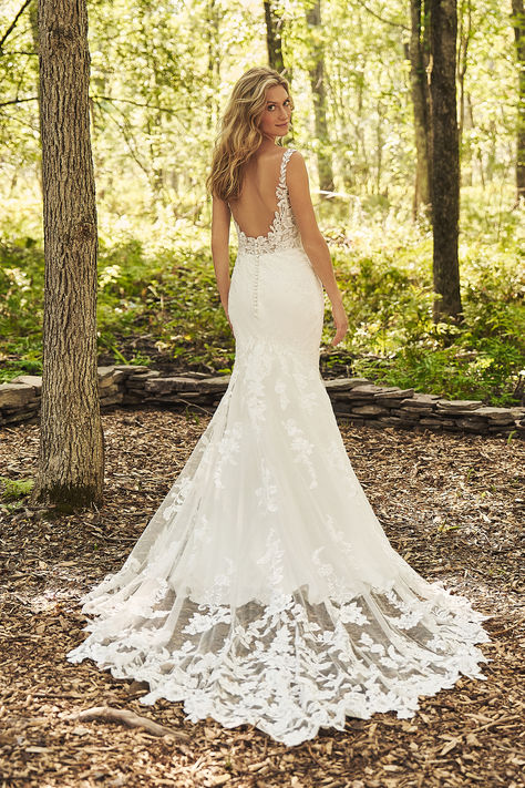 66338: Crepe Fit and Flare with Scoop Back and Cathedral Length Sheer Train | Lillian West Lillian West Bridal, Boho Lace Wedding Dress, Beach Bridal Dresses, Plus Size Bridal Dresses, Boho Bridal Dress, Sincerity Bridal, Lillian West, Timeless Wedding Dress, Wedding Studio