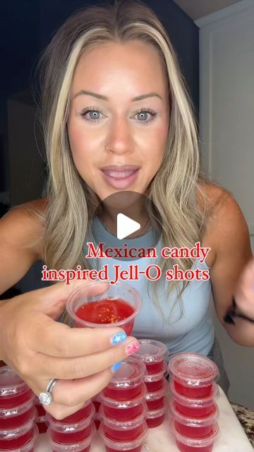 Janelle Rohner on Instagram: "Save and send this recipe to a friend!  Mexican candy inspired jello shots, OMG these are amazing!!! My sister in law Ashlee made these at a family party and we all went nuts for them!   4 cups boils water  2 (6oz boxes) stawberry jello 3 cups spicy tamarind vokda  1 cup chamoy sauce   Add tajin to each mini cup and add the liquid, let them set up in the fridge for 4-6 hours and enjoy. #jelloshots #partydrinks #summerrecipes #4thofjuly" Mangonada Jello Shots, Tajin Jello Shots, Chamoy Jello Shots, Jello Shot Recipes Tequila, Mexican Candy Jello Shot Recipes, Mexican Jello Shots, How To Make Jello Shots, Mexican Candy Jello Shots, Mexican Candy Drink