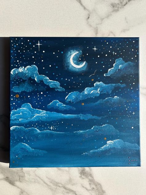 This 12"X9"X0.5" repurposed original painting was painted with acrylic paint on stretched canvas in Pensacola, FL.  It is also sprayed with a protective non-yellowing coating. This piece is magical and dreamy. Perfect for dreamers and lovers of the night sky! Simple Acrylic Paintings Night Sky, Twilight Sky Painting, Sky Night Painting, Mini Scenery Painting, How To Paint Stars, Moon Stars Painting, Acrylic Painting Night Sky, Tiny Paintings Ideas, Canvas Painting Scenery