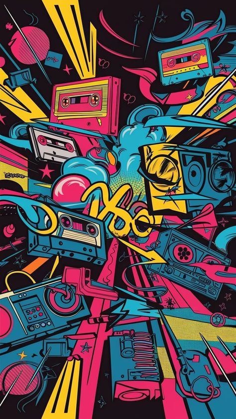 Dive into the vibrant world of 1980s design with our Memphis-inspired wallpaper! Bursting with neon pinks, bright yellows, and deep blues, this lively composition features playful shapes and iconic symbols like cassette tapes and boomboxes. Perfect for adding a pop art flair to any space, this design captures the youthful spirit and artistic freedom of the era. #MemphisDesign #80sWallpaper #PopArt #Nostalgia Youthful Wallpaper, Cassette Wallpaper, 1980s Graphic Design, 80s Artwork, Wall Pepper, 1980s Memphis Design, 80s Aesthetic Retro, Pop Art Background, 1980s Art