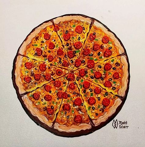 This is my painting of a pizza for a party. It includes cheese, pepperoni, mushrooms, black olives, green peppers, spices and more! Pizza Painting, National Cheese Pizza Day, Circle Canvas, Pizza Day, Green Peppers, Pizza Pie, Black Olives, Pizza Party, What Is Your Favorite