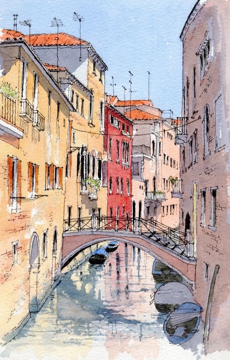 Venice Bridge Easy Watercolor Landscape, Landscape Painting Ideas, Venice Bridge, Venice Painting, Watercolor Architecture, Watercolor Paintings Easy, Easy Canvas Painting, Seni Cat Air, 수채화 그림