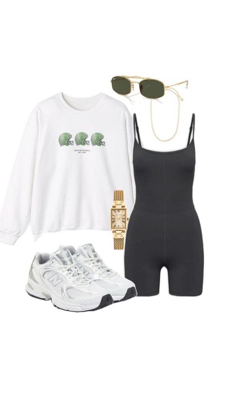 sporty outfit, athletic outfit, college outfit, jumpsuit, msu sweatshirt, football sweatshirt, game day outfit, sporty chic, tailgate outfit, Pilates, new balances, gold necklace, gold sunglasses Tailgate Outfit College, Outfit Sporty Chic, College Football Game Outfit, Outfit Athletic, Outfit Jumpsuit, Trendy Outfits Inspiration, New Balances, Outfit Sporty, Athletic Outfit