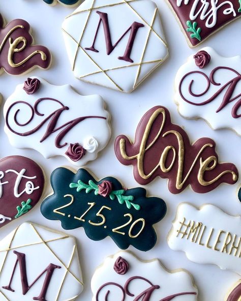 Rustic Cookies, Wedding Christmas Cookies, Christmas Wedding Cookies, Fall Wedding Sugar Cookies, 40th Anniversary Cookies Decorated, Burgundy Wedding Cookies Decorated, Wedding Sugar Cookies Decorated, Cookies With Initials Wedding, Coffin Cookies