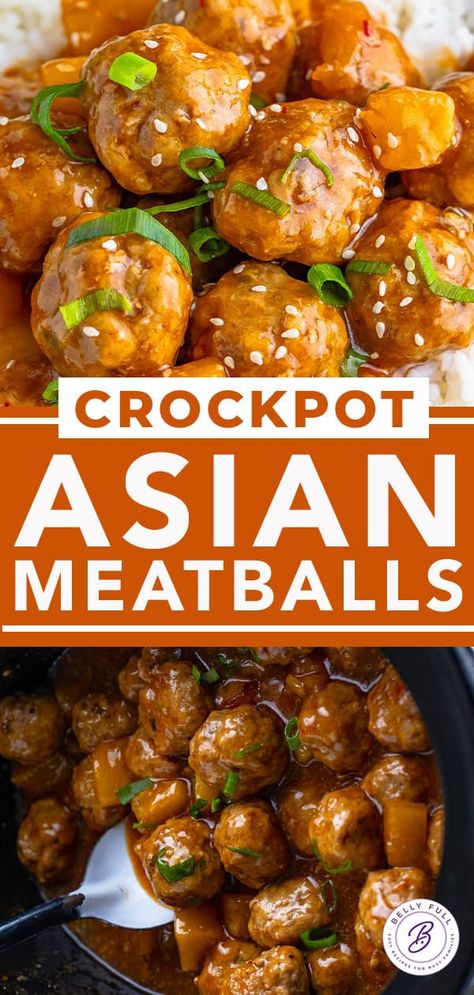 Crockpot Asian Pork Meatballs l Belly Full Saucy Asian Meatballs, Pork Meatballs Asian, Sweet Meatballs Crockpot, Bellyfull Recipes, Asian Meatballs Crockpot, Crockpot Asian Meatballs, Crockpot Meatball Recipes, Pork Sausage Meatballs, Japanese Meatballs