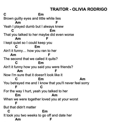 These are the chords for Olivia Rodrigo's "Traitor". *Clean Version for YL Club* SIMPLY HIT “VISIT” to see on Google sheets! Songs Olivia Rodrigo, Kunci Ukulele, Piano Songs Chords, Ukelele Chords Ukulele Songs, Popular Piano Sheet Music, Learn Guitar Songs, Akordy Gitarowe, Ukulele Chords Songs, Learn Guitar Chords