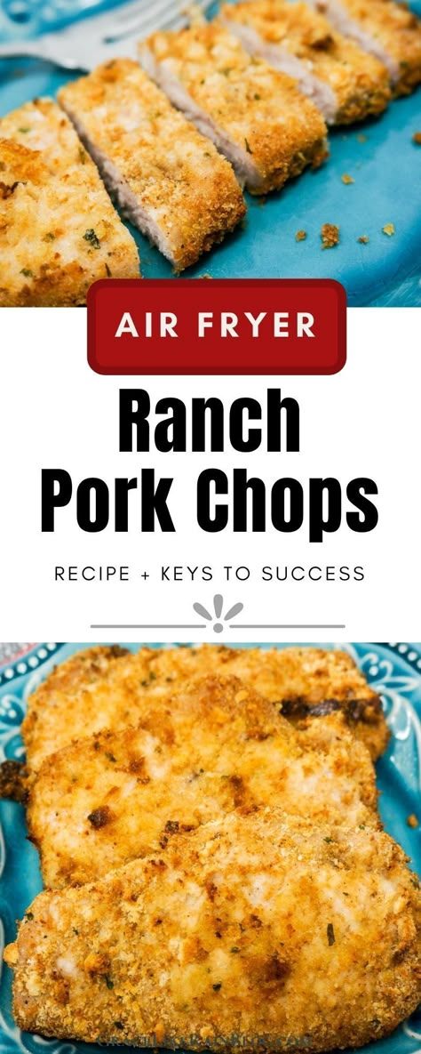 Air Fryer Pork Chops are deliciously breaded and perfectly cooked in under 20 minutes. Delight your taste buds with Ranch flavor or use your favorite flavor combination. | Air Fryer Pork Chops | Air Fryer Ranch Pork Chops | Air Fryer Breaded Pork Chops | Breaded Pork Chops in the Air Fryer | Ranch Pork Chops in the Air Fryer | Crispy Pork Chops | Perfect Pork Chops Air Fryer | #AirFryer #PorkChops #Pork #Ranch Air Fryer Breaded Pork Chops, Air Fry Pork Chops, Fried Pork Chop Recipes, Baked Fish Fillet, Crispy Recipes, Breaded Pork Chops, Air Fryer Pork Chops, Easy Pork Chops, Easy Pork Chop Recipes