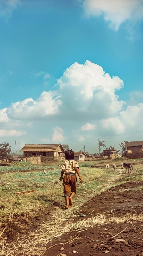 Hanuman Images, Rural India, Walking Barefoot, Rural Scenes, Brown Shorts, Tree Line, Rural Landscape, White Clouds, Rural Area