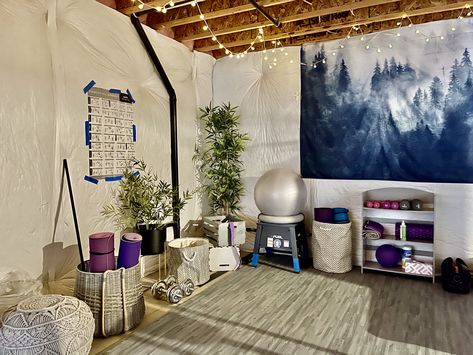 See how I transformed a basement into a gym /yoga space Garage Meditation Space, Yoga Space In Basement, Yoga And Workout Room, Home Yoga Studio Ideas Basement, Home Yoga Studio Ideas Gym Design, Yoga Garage Studio, Garage Yoga Studio Conversion, Basement Yoga Room, Unfinished Basement Workout Space