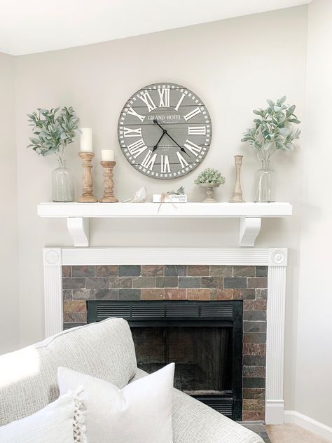 Farmhouse Style Mantle Decor, Home Decor With Sage Green, Mantle Decorating Ideas Vintage, Fireplace Mantle Decor Modern Farmhouse, Clock Over Mantle, Above Fireplace Decor Farmhouse, Fireplace Mantle Decor With Large Clock, Decoration Above Fireplace, Chimney Mantle Decor