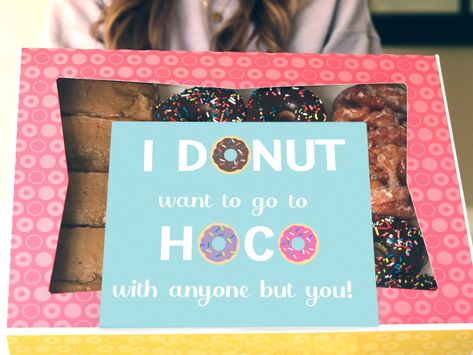 "Got asked to homecoming, but aren't sure how to answer? All you need is a box of donuts and this printable to say yes & tell them how excited you are to go to homecoming with them!  This digital printable includes the 8.5\" x 11\" donut printable for the front (in both vertical and horizontal orientation) and a matching Yes! to tape on the inside lid of the box. I started making Promposal Printables because I was tired of frustrating handwritten posters; late-night trips to the store to buy the Asking To Homecoming, Prom Poster, Box Of Donuts, Formal Proposals, Donut Printable, School Dance Ideas, Promposal Ideas, Prom Posters, Homecoming Signs