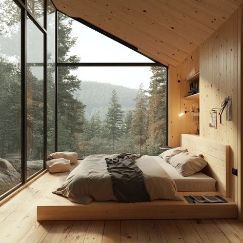 Cozy modern cabin bedroom with large floor-to-ceiling windows offering scenic forest views. Minimalist wooden interior design with a comfortable bed and natural light. House With Forest View, Scandinavian Interior Cabin, Wooden House Interior Design, Modern Cabin Bedroom, Wooden Interior Design, Home In Forest, Windows Bedroom, Modern Cabin Interior, Cabin Windows