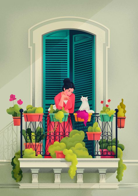 Balcony 01 Soyut Sanat Tabloları, Illustration Art Girl, Dreamy Art, Flat Illustration, Girly Art, Painting Illustration, Cute Illustration, The Window, Cat Art