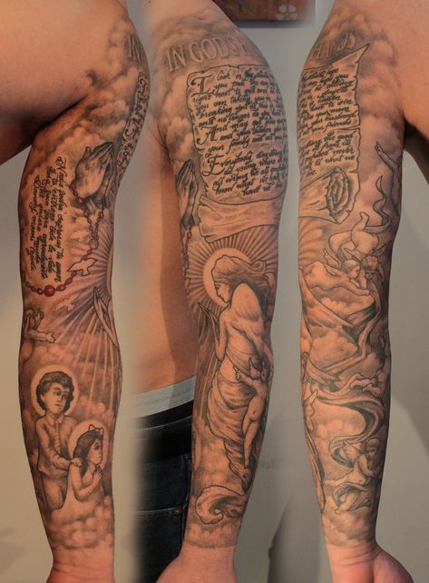 Religious Tattoo Sleeves, Angel Sleeve Tattoo, Tattoo Bras Homme, Tato Flash, Full Sleeve Tattoo Design, Tattoo Inspiration Men, Tato Lengan, Religious Tattoo, Religious Tattoos