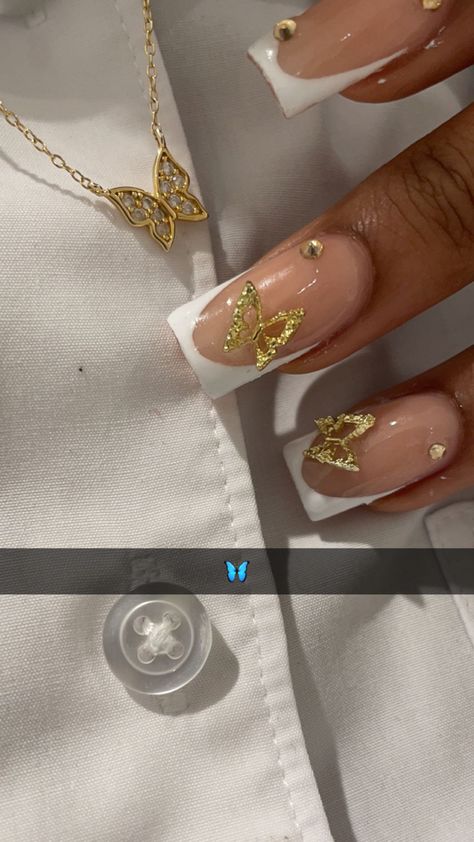 Gold Butterfly Acrylic Nails, Butterfly Nails Gold, White French Tip With Gold Charms, White And Gold Butterfly Nails, Nails With Gold Butterflies, French Manicure Butterfly, Nail Inspo Butterfly, Nails With Butterfly Charms, Butterfly Nails White