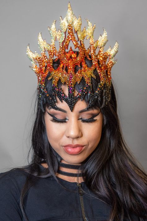 Fire Crown Diy, Phoenix Costume Women, Fire Goddess Costume, Fire Headdress, Fire Headpiece, Wearable Art Headpieces, Flame Crown, Lava Dress, Hand Costume