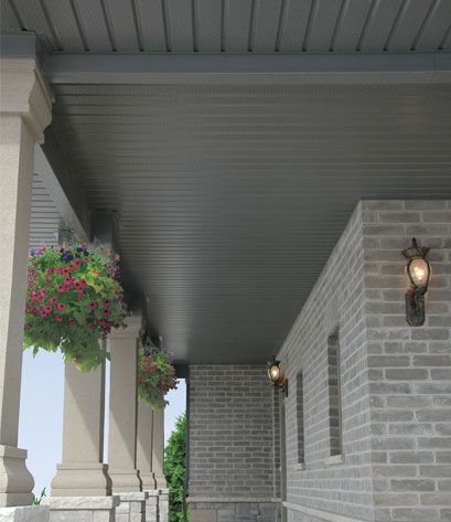 Soffit, Fascia & Eavestroughs – Van Dolder's Custom Exteriors Vinyl Soffit Ceiling Porches, Soffit Ideas Exterior, Soffit Design, Stain Brick, Soffit Ideas, Vinyl Soffit, Exterior House Siding, Porch Addition, Porch Ceiling