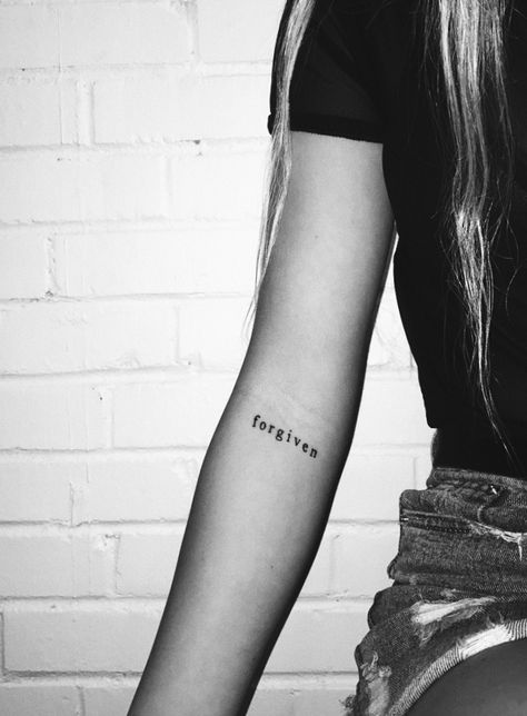 tattoo😻 Forgiving Tattoos, Tattoo Forgiveness, 70x7 Forgiveness Tattoo, Forgiven Tattoos For Women, Forgive Tattoo, Forgiven Tattoo, Inner Elbow Tattoos For Women, Minimal Christian Tattoo, Jesus Tattoo For Women