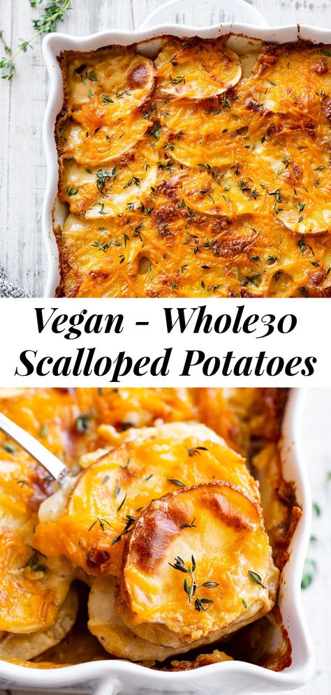 This healthier take on classic creamy, “cheesy” scalloped potatoes will become your new favorite side dish! Packed with garlic and fresh herbs, “buttery” flavor, a creamy dairy free sauce and optional vegan cheese, these scalloped potatoes are a dream! Paleo friendly with Whole30 and vegan options. #paleo #whole30 #potatoes #vegan #dairyfree Whole 30 Sides, Whole30 Potatoes, Whole30 Sides, Dairy Free Sauce, Paleo Easter, Vegan Scalloped Potatoes, Paleo Running Momma, Dairy Free Sauces, Whole30 Meals