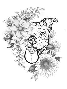 Pitbull With Flowers Tattoo, Floral Pitbull Tattoo, Pitbull And Flowers Tattoo, Dogs And Flowers Tattoo, Girly Hip Tattoos, Pittbulls Dogs Tattoo, Floral Dog Tattoo Design, Dog And Flower Tattoo Ideas, Staffy Tattoos Line