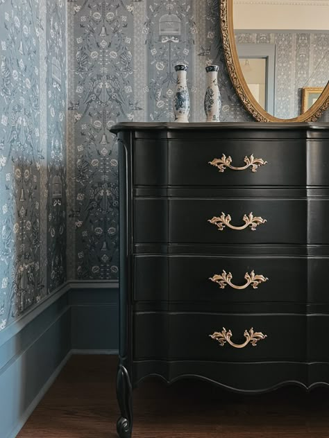 DIY Black Dresser Makeover (French Provincial) | Our Aesthetic Abode Black Bedroom Furniture Vintage, Black French Dresser, Black Refinished Furniture, Queen Anne Dresser Makeover, Black Painted Furniture Ideas, French Provincial Bedroom Makeover, Black Dresser Ideas, French Provincial Bedroom Ideas, Diy Black Dresser