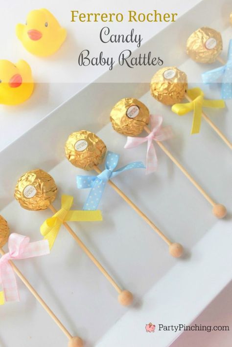 Ferrero Rocher Baby Rattle Party Treats Best DIY Baby Shower Ideas Dollar Store Baby Shower Ideas, Unisex Baby Shower Ideas, Diy Baby Shower Ideas, Perlengkapan Bayi Diy, Imprimibles Baby Shower, Babyshower Party, Idee Babyshower, Baby Shower Treats, Baby Shower Candy