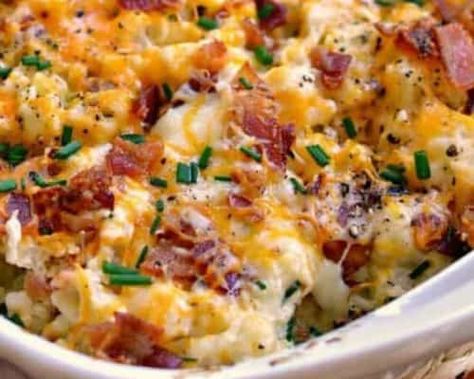 Loaded Cauliflower Casserole | Small Town Woman 7 Day Keto Meal Plan, Air Fryer Recipes Healthy Low Carb, Cheesy Cauliflower Bake, Plan Day, Flower Recipe, Chicken Stuffing Casserole, Cauliflower Casserole Recipes, Chicken Stuffing, Loaded Cauliflower Casserole