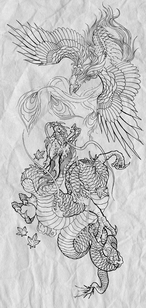 Phoenix Japanese Tattoo, Japanese Tattoo Black And Grey, Phoenix Dragon Tattoo, Blackwork Japanese Tattoo, Phoenix Japanese, Dragon Tattoo Japanese, Phoenix And Dragon, Widder Tattoo, Japanese Phoenix Tattoo