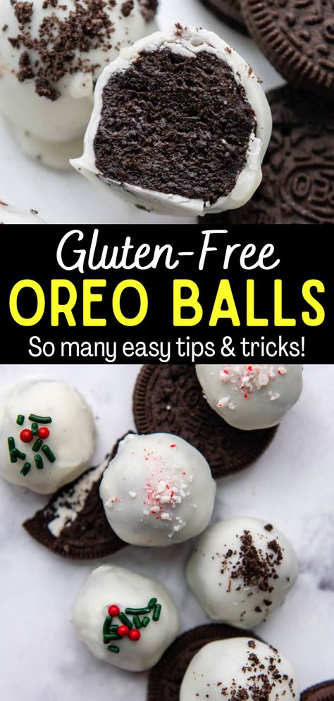 Learn how to make gluten-free Oreo balls with this easy step-by-step recipe! Here you will find the best way to dip Oreo truffles, creative decorating ideas and expert storage tips. Gluten Free Oreo Cake Pops, Oreo Balls Gluten Free, Gluten Free Christmas Goodies, Easy Christmas Treats Gluten Free, Cake Pops Gluten Free, Gluten Free Oreo Truffles, Gluten Free Cake Balls, Gluten Free Truffle Balls, Gluten Free Cake Pops Recipe